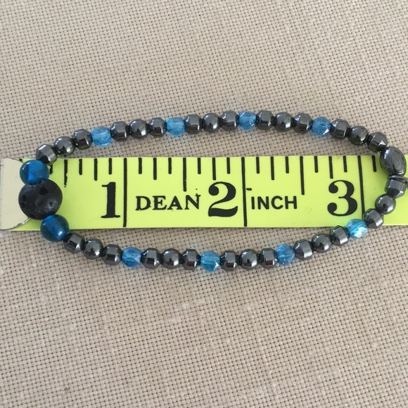 Hand Crafted Hematite Stretch Bracelet Lava Stone Blue Vintage Glass Beads - Picture 4 of 4
